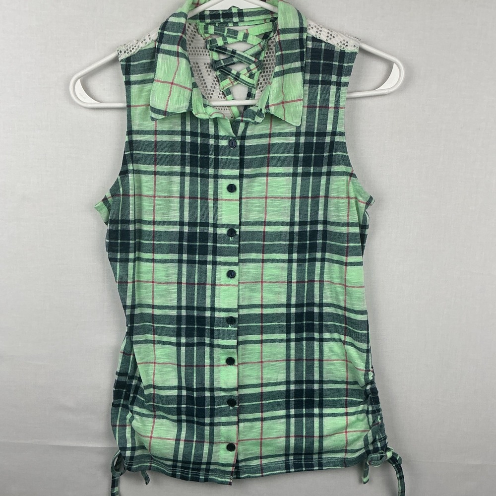 No Boundaries Plaid Sleeveless Top Womens Medium 7-9 Lace Back Sweet Mint